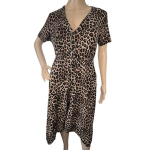Torrid Brown And Black Leopard Print V-Neck Button Up Short Sleeve Midi Dress